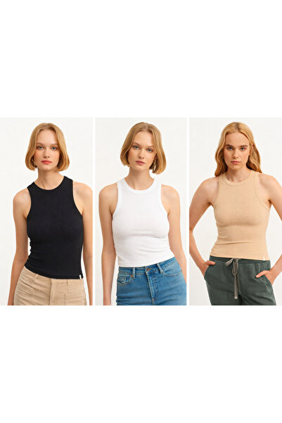 GIFT by CA 3'Lü Kadın Fitilli T-shirt Halter Yaka Atlet Body Basics Kolsuz Ri...