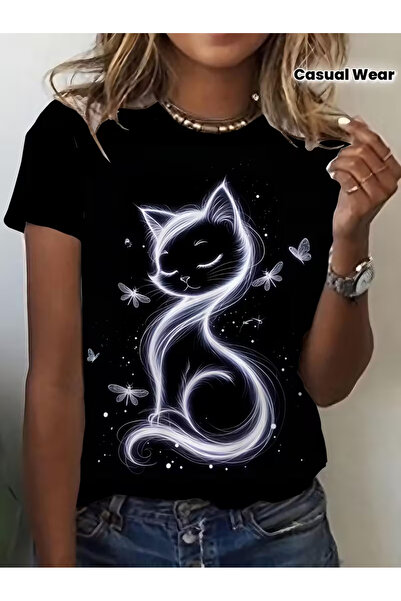 İSMTEXS Unisex Sports Style Star Butterfly and Cat Print Detailed Short Sleev...