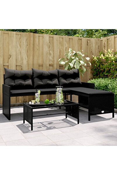 vidaxl أريكة حديقة مع طاولة ووسائد على شكل حرف L من خشب الروطان الأسود