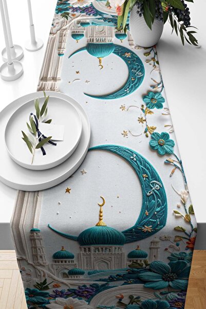 Pilloveland Runner Ramadan Aqua Patterned Suede Woven 140*40 cm - Ramadan Kareem