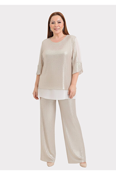 LİLAS XXL Büyük Beden Bej Renkli Pul Payetli Pantolon