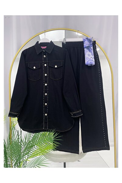 YEDİLALE Beaded Detail Denim Shirt and Pants Two-Piece Set [Excluding Shawl]