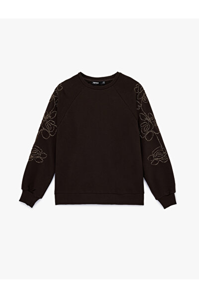 Koton Uzun Kollu Çiçekli Boncuk İşlemeli Bisiklet Yaka Oversize Sweatshirt
