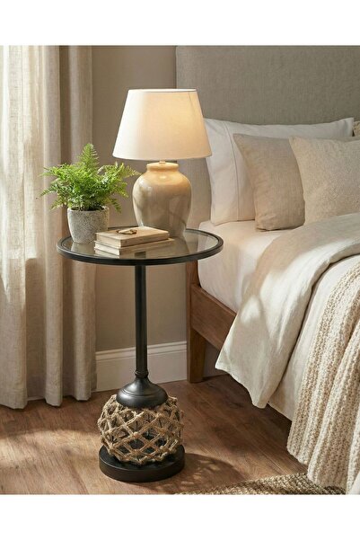 MOSTAFA Round table made of glass, iron stand, and high-quality natural fiber...