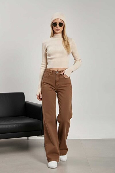 NWC Brown Stretch Fabric Super High Waist Wide Leg Denim Palazzo Pants