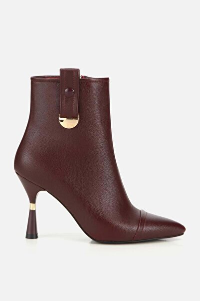 Yaya by Hotiç Kadın Bordo Dikiş Detaylı Gold Detaylı Tokalı İnce Topuklu Bot