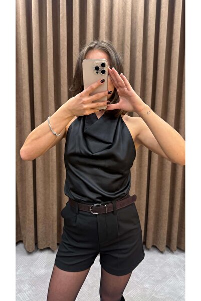 Maysa SATEN SIRT DEKOLTELİ BLUZ-SİYAH