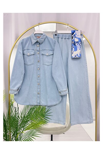 YEDİLALE Beaded Detail Denim Shirt and Pants Two-Piece Set [Excluding Shawl]