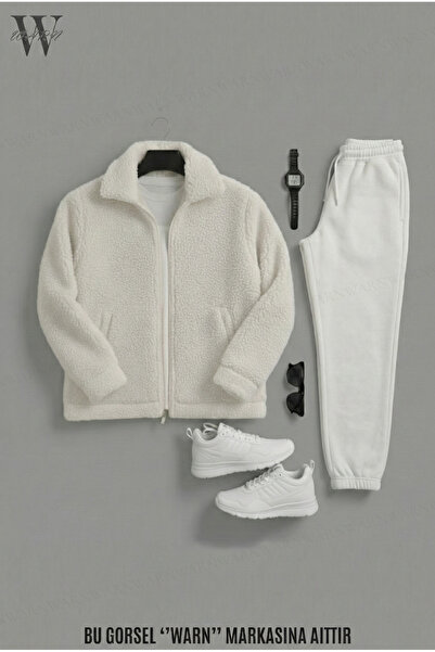 warn Unisex Plush Polo Neck Cardigan Tracksuit Set (White Tracksuit) Winter T...