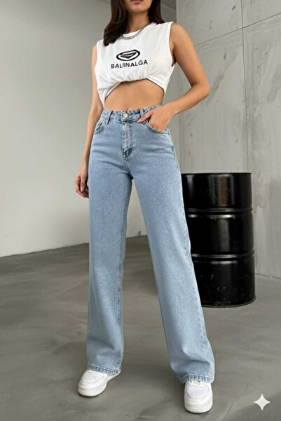 NWC Light Snow Wash Super High Waist Stretch Fabric Loose Leg Denim Palazzo P...