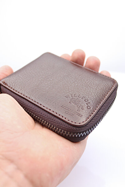 willpolo Hakiki Deri Şeffaf Kartlıklı Fermuarlı Kahverengi Cüzdan Kartlık