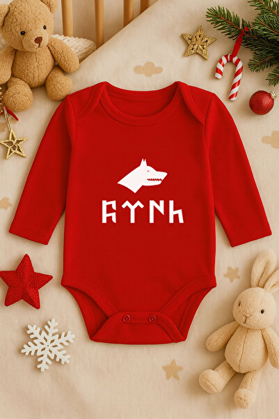 MODA Turkish Bozkurt Kurt Printed Cotton Long Sleeve Snap Fastener Baby Red B...