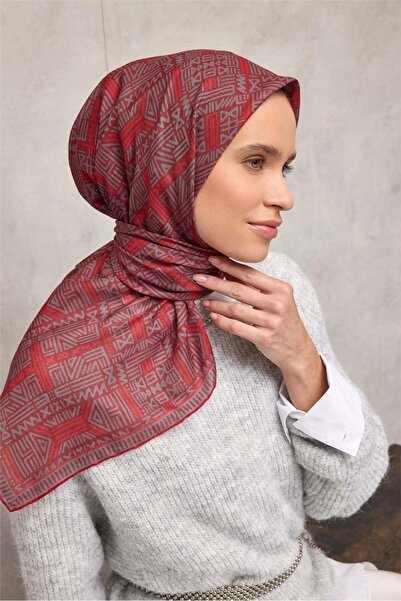 Silk Home Eșarfă moale din bumbac poliester model geometric roșu închis 90*90