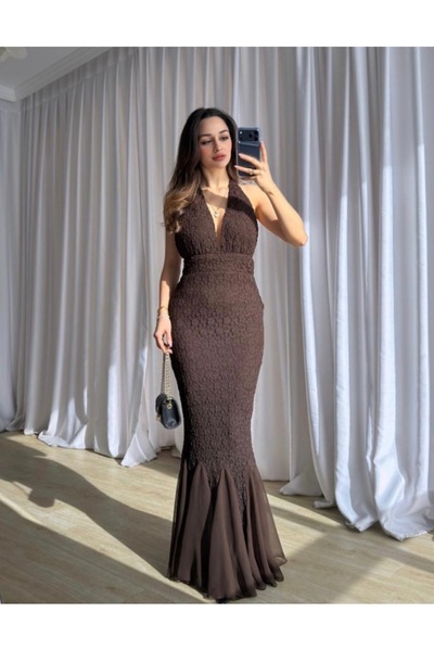 MOVELLA FASHİON BOYUNDAN BAĞLAMALI YENİ SEZON DANTEL ELBİSE