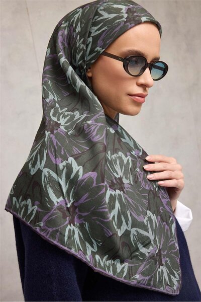 Silk Home Eșarfă moale din bumbac poliester model botanic verde henna 90*90