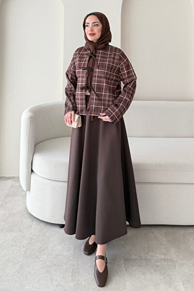 Tesettür Diyarı Plaid Pattern Scuba Hijab Set - Brown