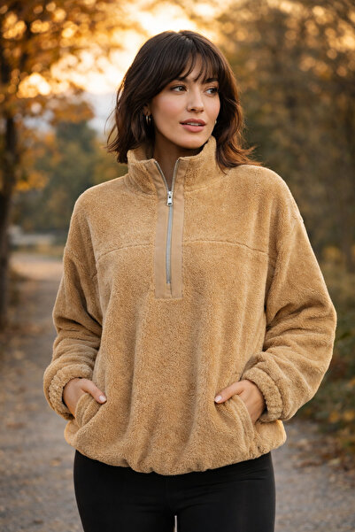 Polo State Women's Turtleneck Half Zip Plush Fleece Sherpa Sweatshirt Beige