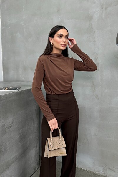 spirituel Women's Blouse Draped Long Sleeve Sandy Fabric High Collar Stretch ...