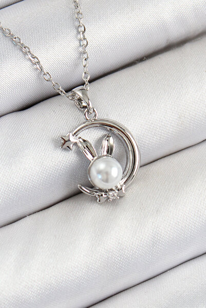 blackpure 316L Steel Pearl Detailed Crescent Rabbit Model Silver Color Women'...