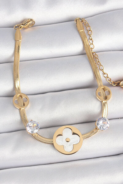 blackpure 316L Steel Gold Color Italian Chain White Enamel Clover Model Zirco...