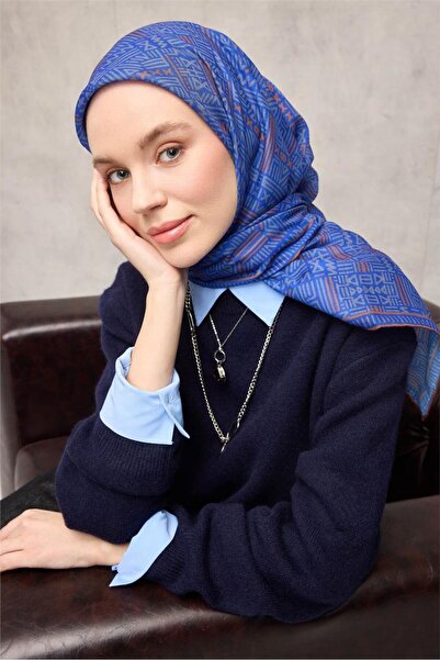 Silk Home Eșarfă moale din bumbac poliester model geometric albastru cobalt 9...