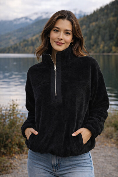 Polo State Women's Turtleneck Half Zipper Plush Fleece Sweatshirt Black