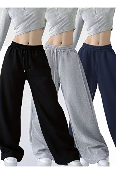 LOSMARY 3 Adet Siyah Gri Lacivert standart bol kalıp düz paça eşofman altı un...