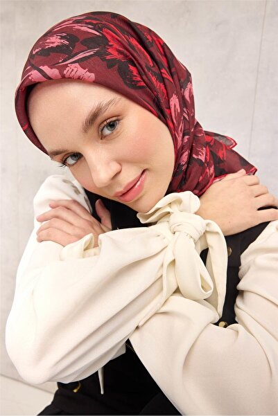 Silk Home Cotton Polyester Soft Scarf Large Daisy Pattern Burgundy 90X90