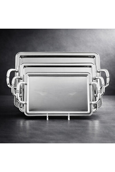 Dania Luxury 3-piece silver rectangular serving tray set – embossed metal (Sm...