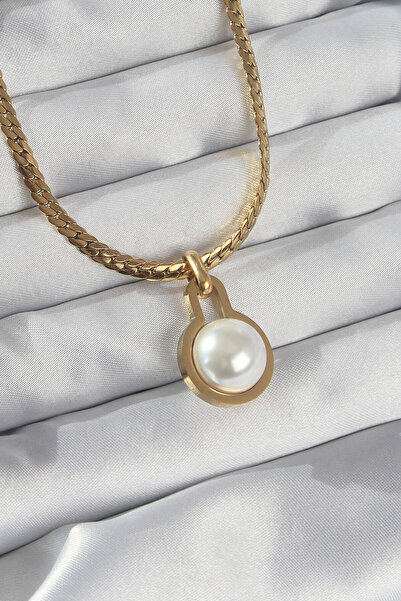 blackpure Dumic 316L Steel Gold Color Flat Chain Pearl Stone Necklace 1218457