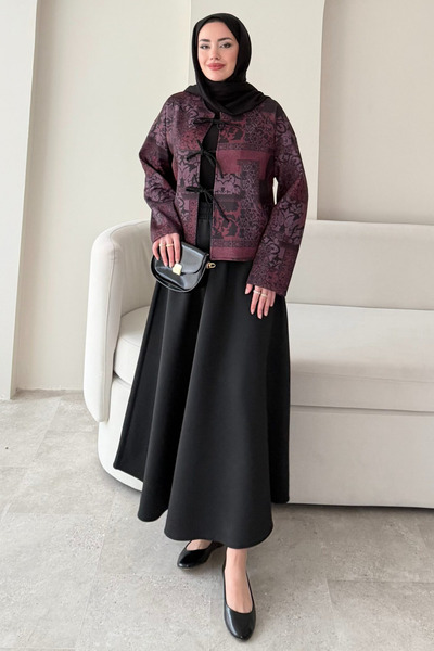 Tesettür Diyarı Ethnic Pattern Scuba Hijab Set - Black-Pink