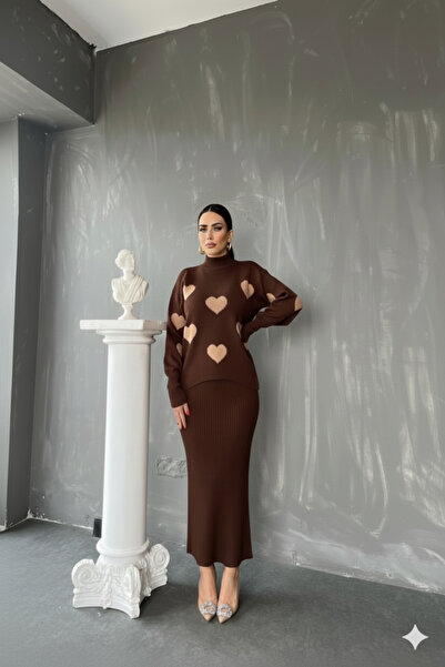 DTBUTİK Crew Neck Heart Patterned Double Knitwear Set (Standard Size S/M/L/ S...