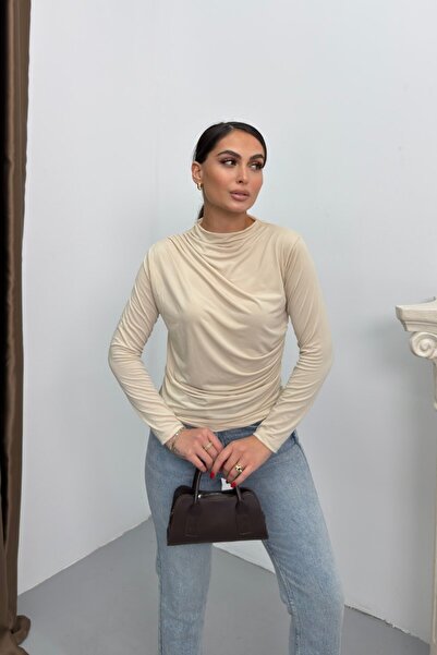 spirituel Women's Blouse Draped Long Sleeve Sandy Fabric High Collar Stretch ...