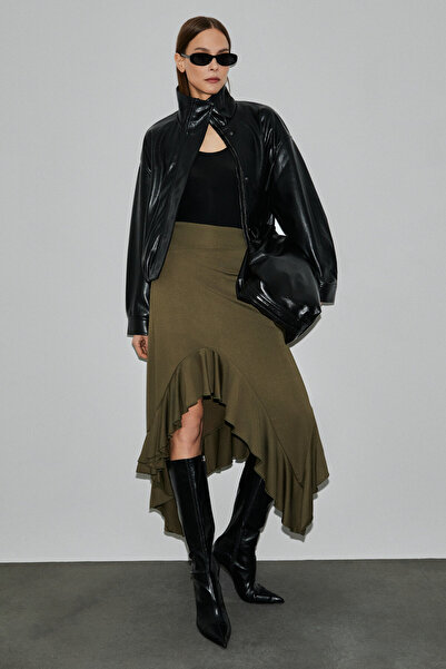 GRIMELANGE Adobre Women's Stretch Fabric Asymmetrical Cut Khaki Skirt