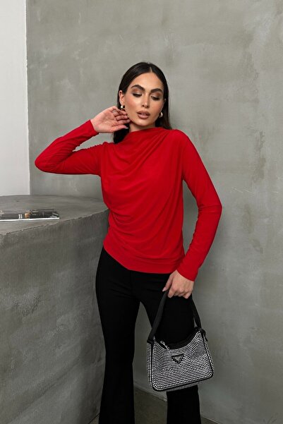 spirituel Women's Blouse Draped Long Sleeve Sandy Fabric High Collar Stretch ...