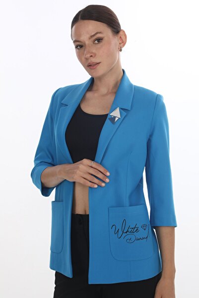 WHİTE DİAMOND Women's Blue Pocket Detail Brooched Blazer Jacket