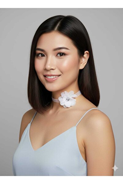 Esram Butik Kadın Çiçekli Taş Detaylı Tül Choker Fiyonk Bağlamalı Boyunluk