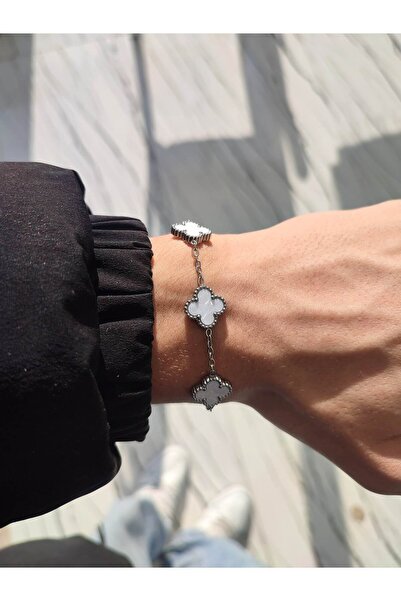 GUNESTAKI Unisex Paslanmaz Çelik Gümüş Sıralı Yonca Model Bileklik