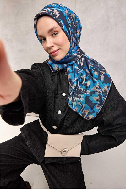 Silk Home Cotton Polyester Soft Scarf Large Daisy Pattern Dark Navy Blue 90X90