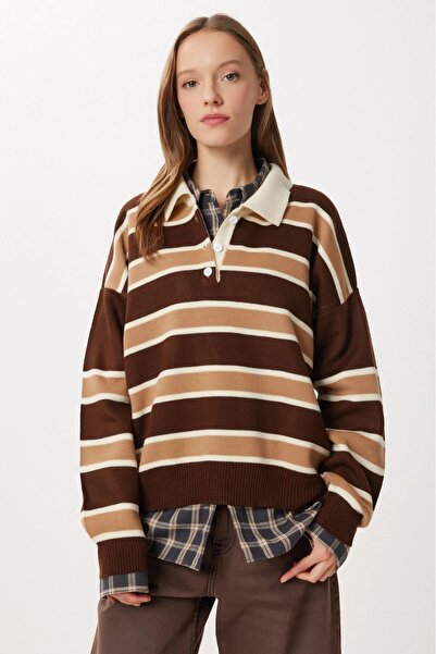 modapark.ist Women's Polo Neck Striped Trend Sweater