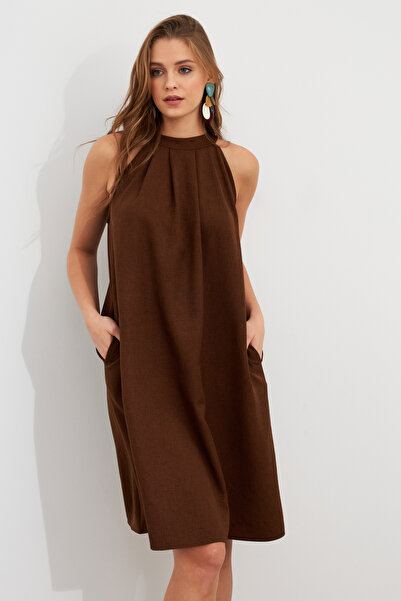 NEW JOURNAL Kadın Kahverengi Halter Yaka Midi Elbise NH5029