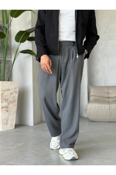 FO4RBS KM1927 Bol Kalıp Pileli Pantolon Gri