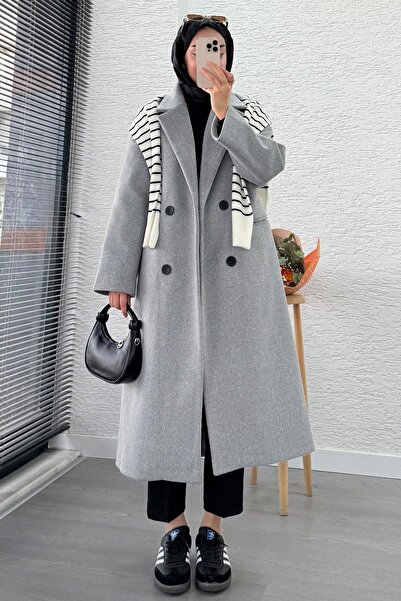 MELEK ARAZ Premium Four Button Pocket Oversized Cashmere Coat - Gray