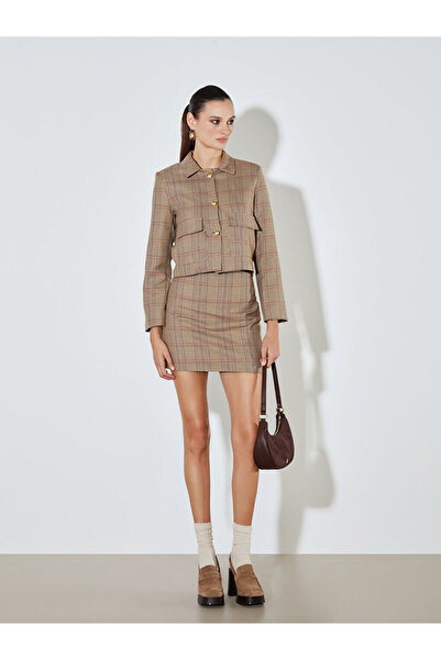 LC Waikiki Beige Slim Fit Plaid Mini Skirt