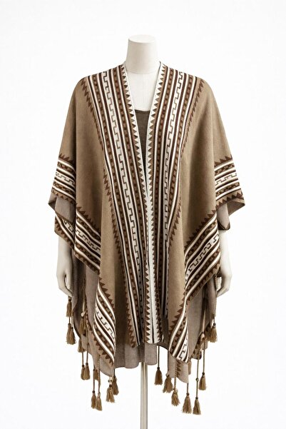 CNR TEKSTİL Tricot Poncho with Ethnic and Tassel Details