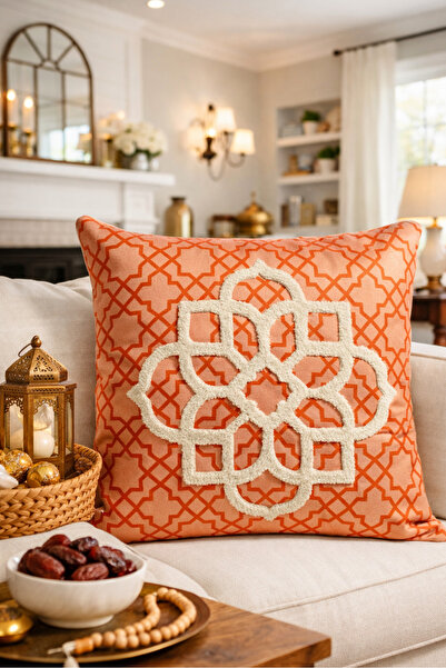 Pilloveland Punch Embroidered Cushion Cover - 43*43 cm - Orange Motif - Ramad...