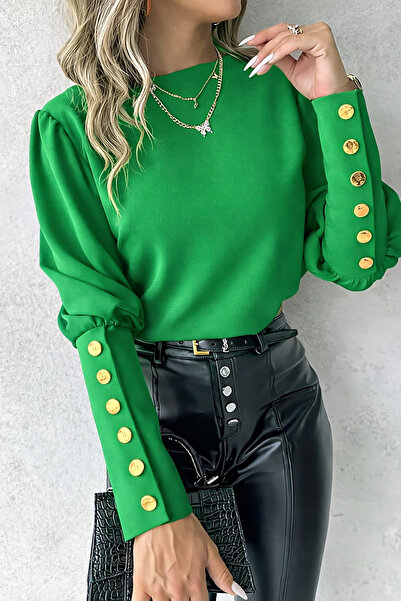 Deafox Light Green Button Detail Lantern Sleeve Round Neck Crepe Fabric Blouse