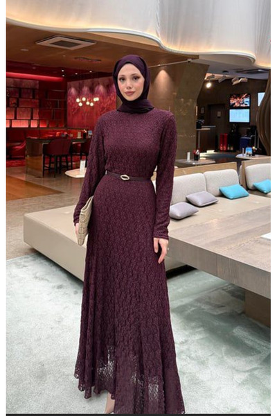 Molly Nelly Kadın Dantel Astarlı Kemerli Uzun Elbise