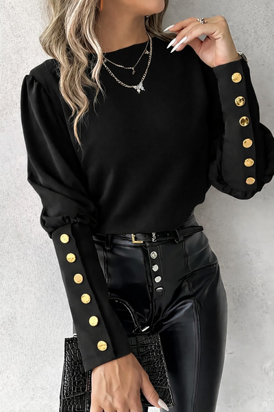 Deafox Black Button Detail Lantern Sleeve Round Neck Crepe Fabric Blouse