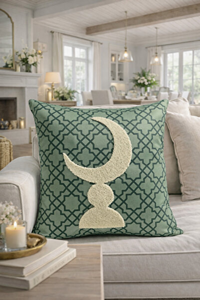 Pilloveland Punch Embroidered Cushion Cover - 43*43 cm - Mildew Green Crescen...